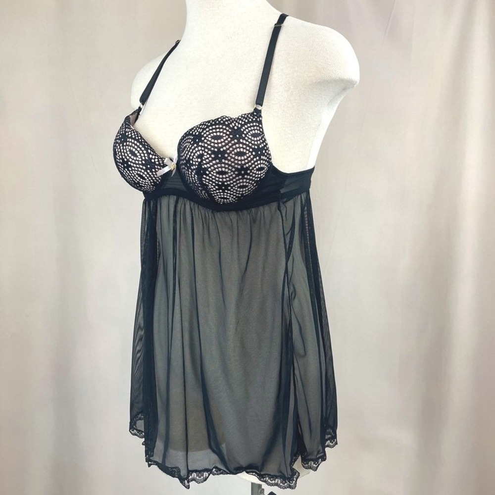 DAISY FUENTES Black (M) Push Up Babydoll Racerback Crochet Y2K Festival Lingerie - Picture 6 of 7